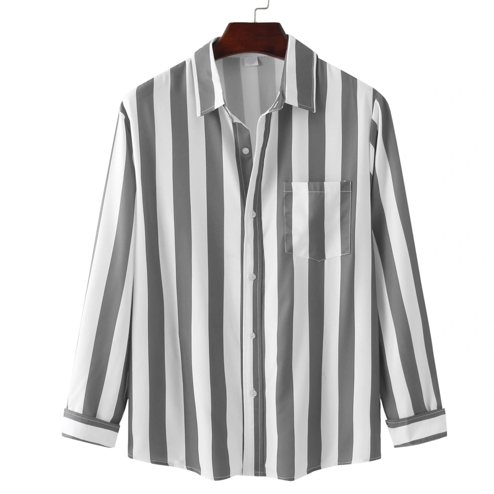 Men Striped Shirt Long Sleeve Turn Down Collar Loose Fit Botton Down Blouse for Daily Wear Work Grey S