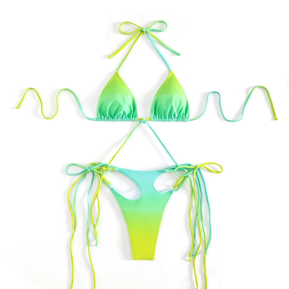 Women Bikini Swimsuit Beautiful Printing Halter Neck Crossing Straps Hollow Out Backless Bathing Suit Light Green S