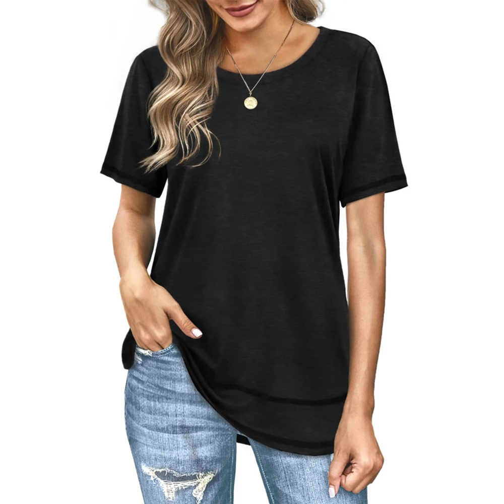 Short Sleeve Blouse Round Neck Fashionable Stylish Breathable Women Casual Fit Top for Summer Black XXL