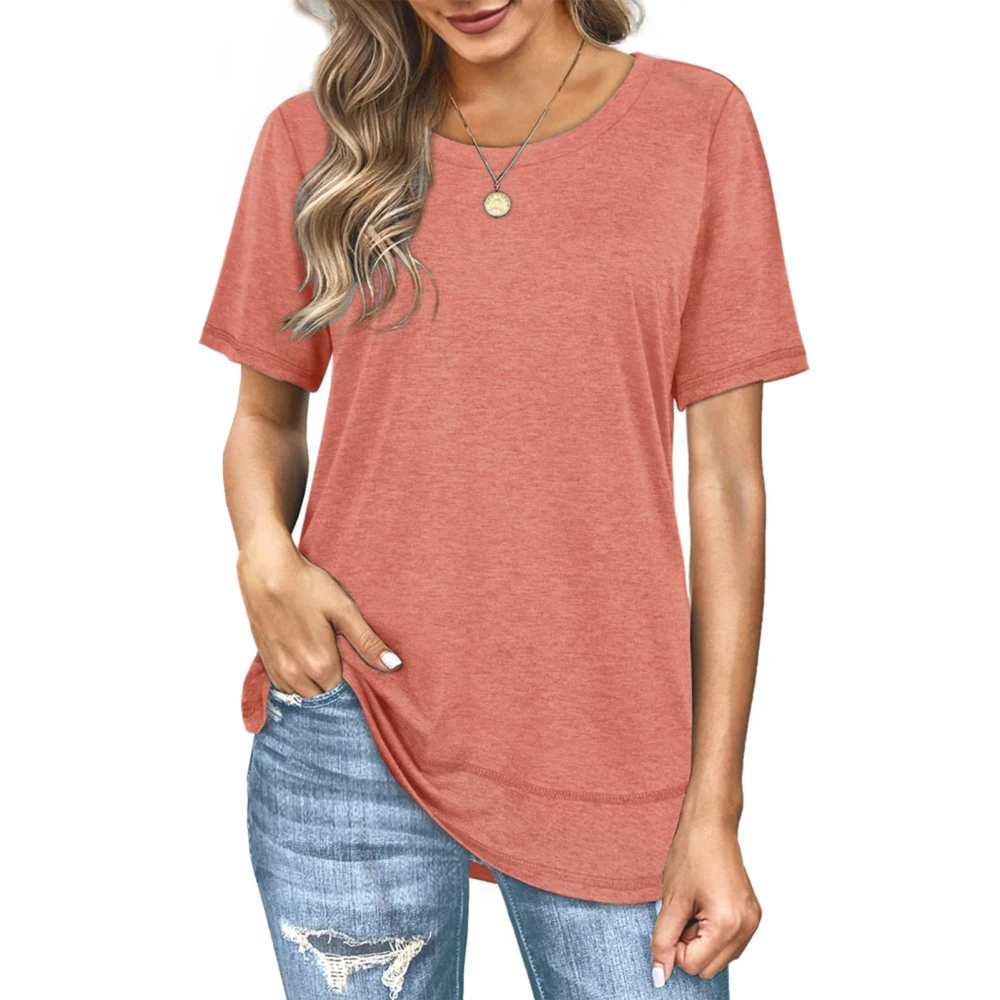 Short Sleeve Blouse Round Neck Fashionable Stylish Breathable Women Casual Fit Top for Summer Pink L