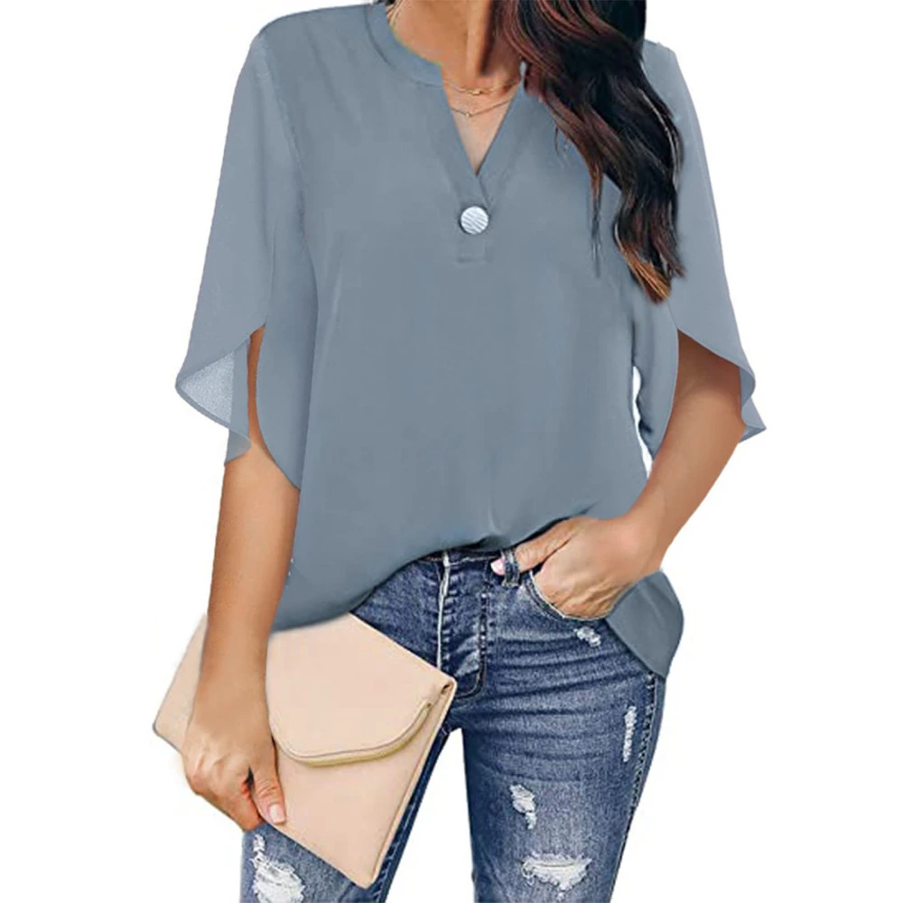 Womens Short Sleeve Chiffon Blouse Tops Casual Elegant V Neck Loose Shirts for Daily Work Office Date Grey XXL