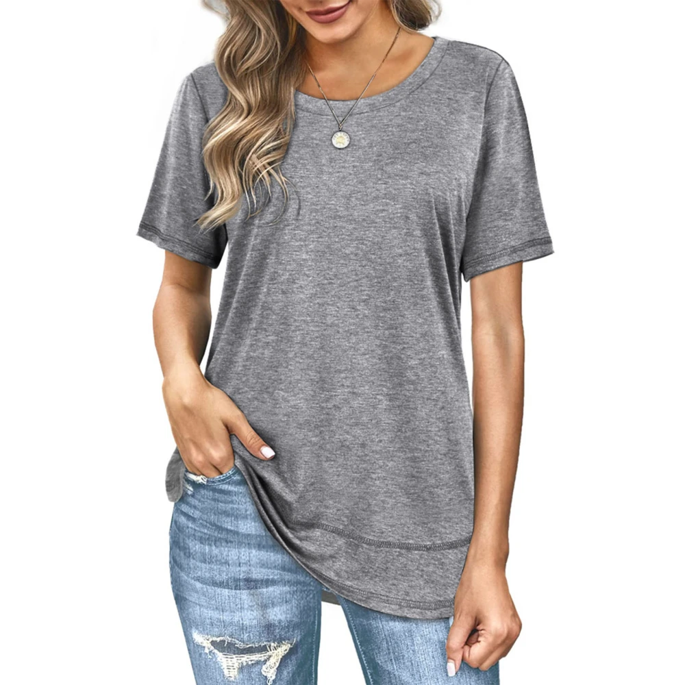 Short Sleeve Blouse Round Neck Fashionable Stylish Breathable Women Casual Fit Top for Summer Grey XXL