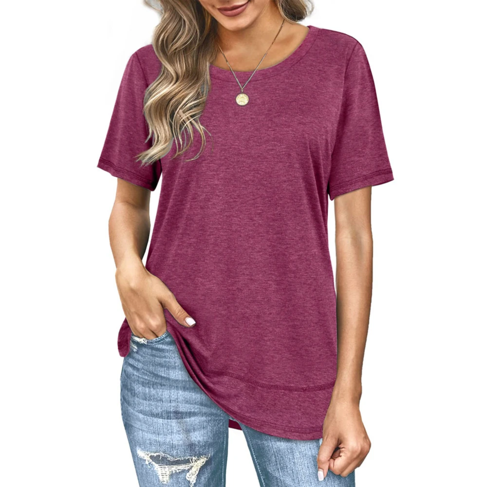 Short Sleeve Blouse Round Neck Fashionable Stylish Breathable Women Casual Fit Top for Summer Rose Red S