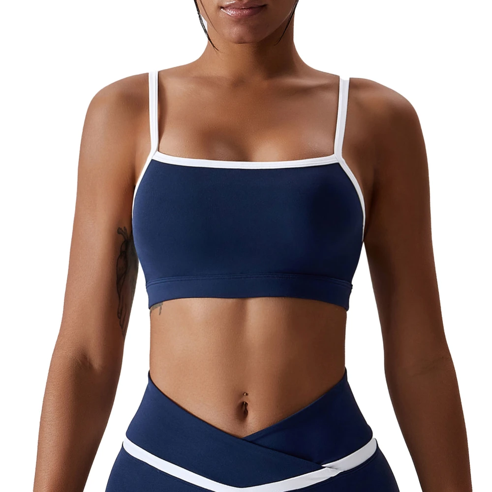 Spaghetti Strap Workout Bra Color Block Quick Drying Shock Proof Beauty Back Soft Yoga Bra Blue 12/L