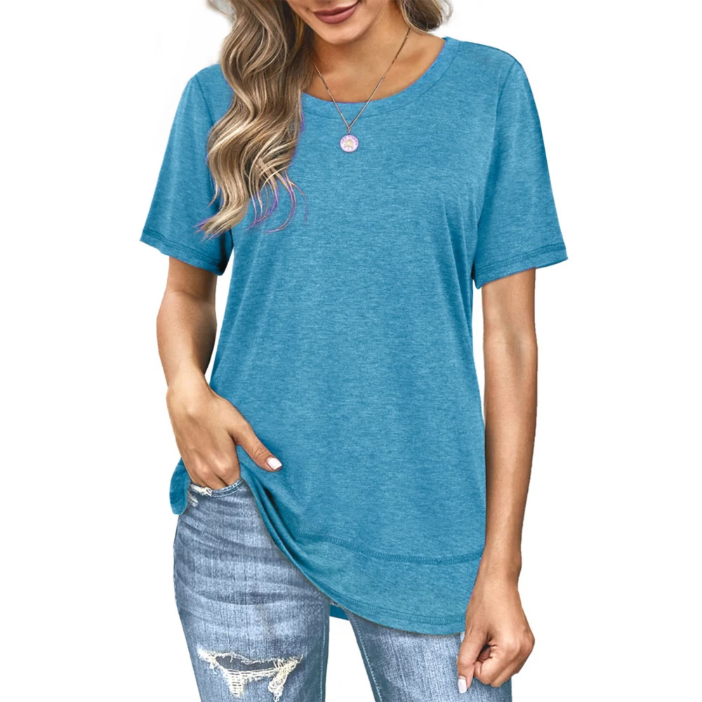 Short Sleeve Blouse Round Neck Fashionable Stylish Breathable Women Casual Fit Top for Summer Blue S