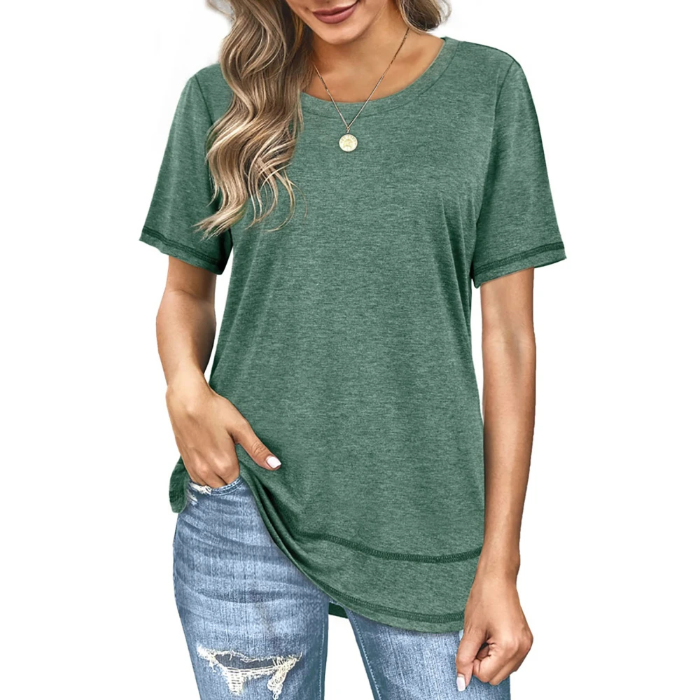 Short Sleeve Blouse Round Neck Fashionable Stylish Breathable Women Casual Fit Top for Summer Green S