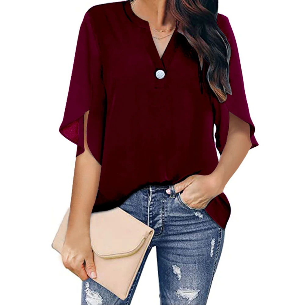 Womens Short Sleeve Chiffon Blouse Tops Casual Elegant V Neck Loose Shirts for Daily Work Office Date Wine Red S