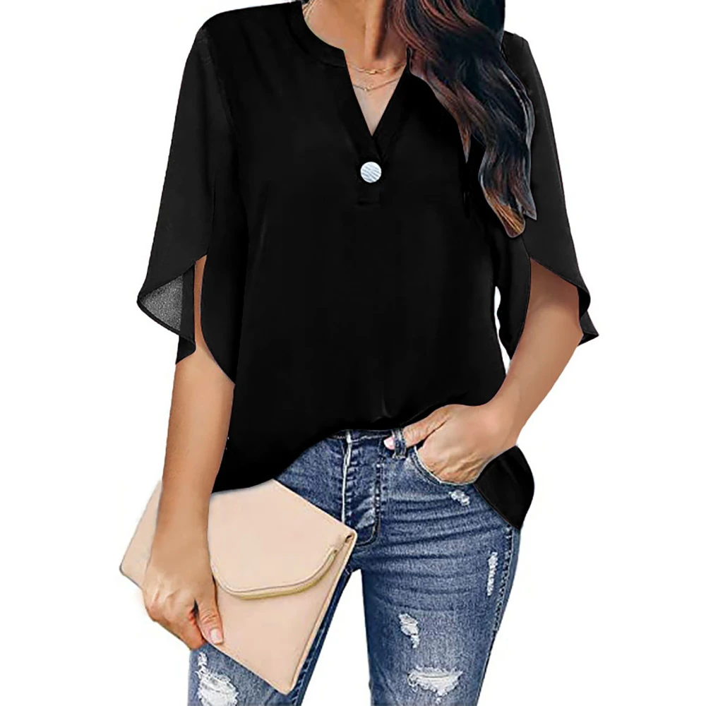 Womens Short Sleeve Chiffon Blouse Tops Casual Elegant V Neck Loose Shirts for Daily Work Office Date Black XXL