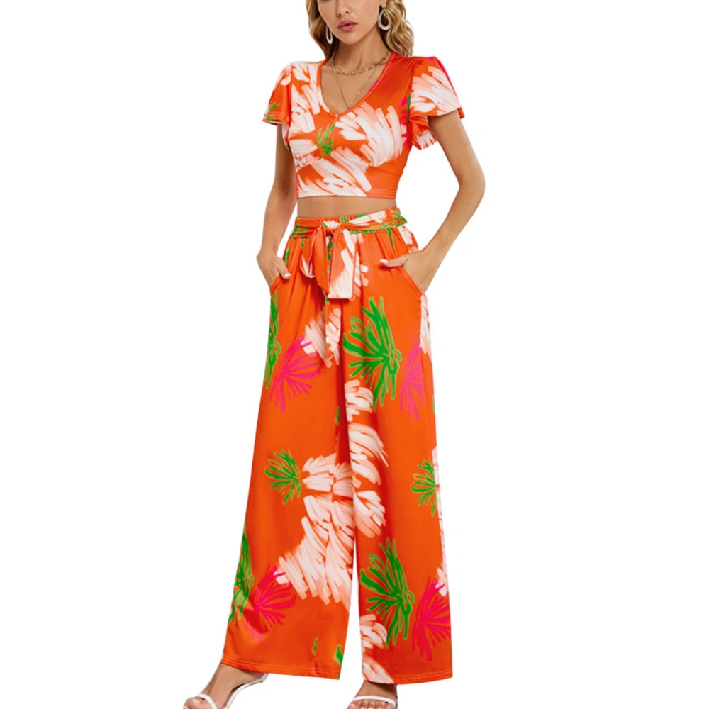 Women Printed Casual Suit Top Pants Set Ruffle Sleeve V Neck Shirt Short Top High Waist Elastic Band Trousers Orange XL