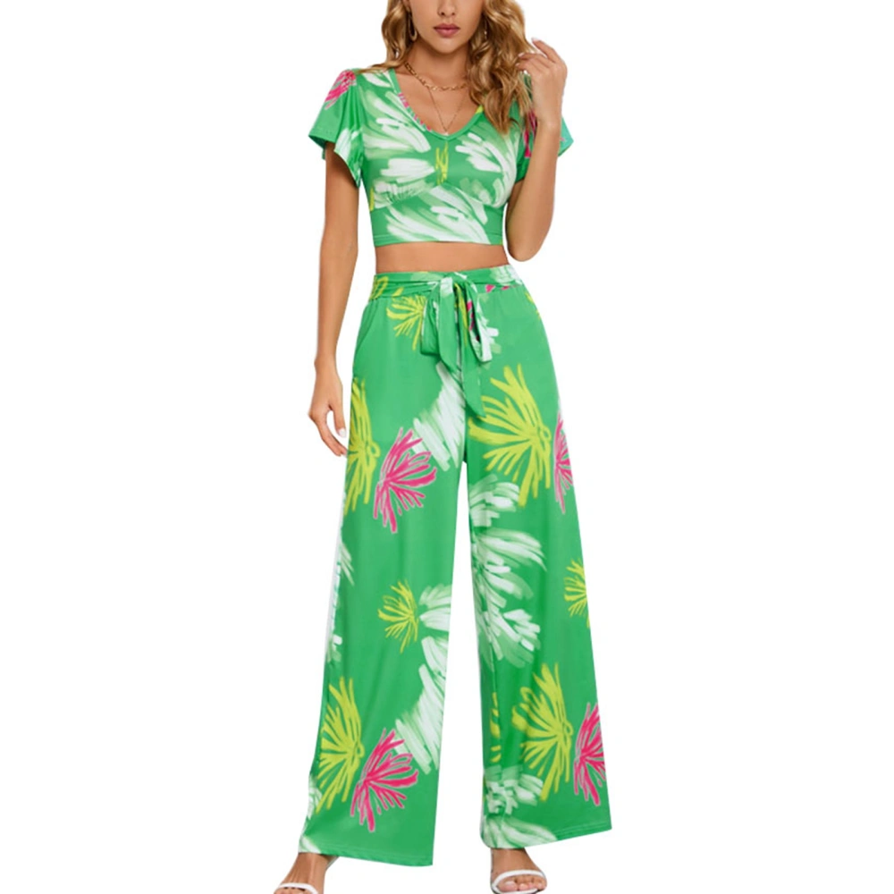 Women Printed Casual Suit Top Pants Set Ruffle Sleeve V Neck Shirt Short Top High Waist Elastic Band Trousers Green L