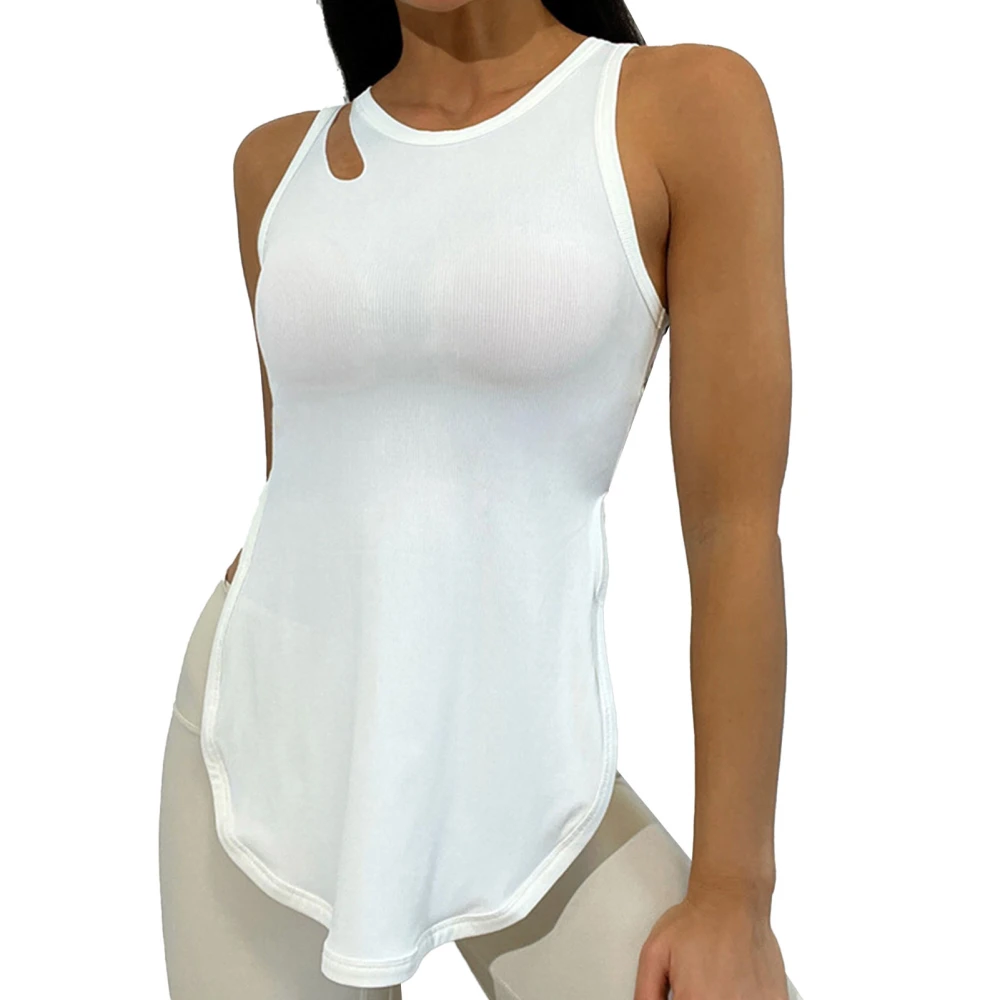 Women Workout Tank Top Sleeveless Crew Neck Ribbed Knit Cut Out Quick Dry Split Hem Tank Athletic Shirts White S