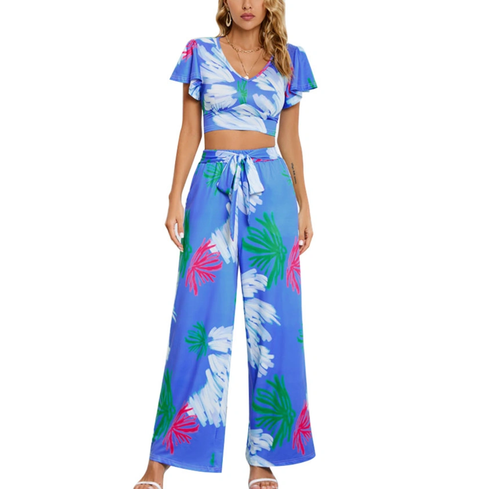 Women Printed Casual Suit Top Pants Set Ruffle Sleeve V Neck Shirt Short Top High Waist Elastic Band Trousers Blue L