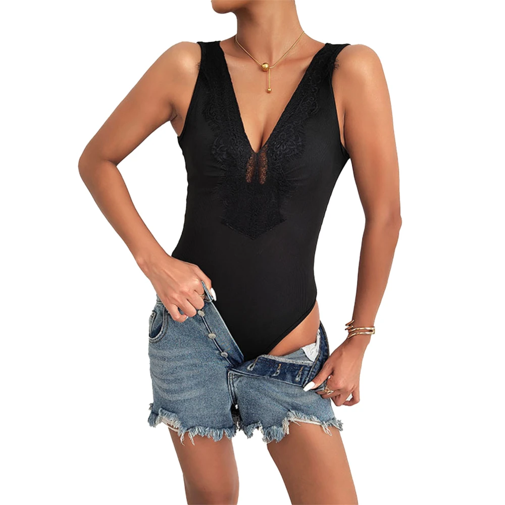 Women Bobysuit Sleeveless Lace Deep V Neck Slim Fit Stretchy Breathable Bodysuit Tank Top XL Black