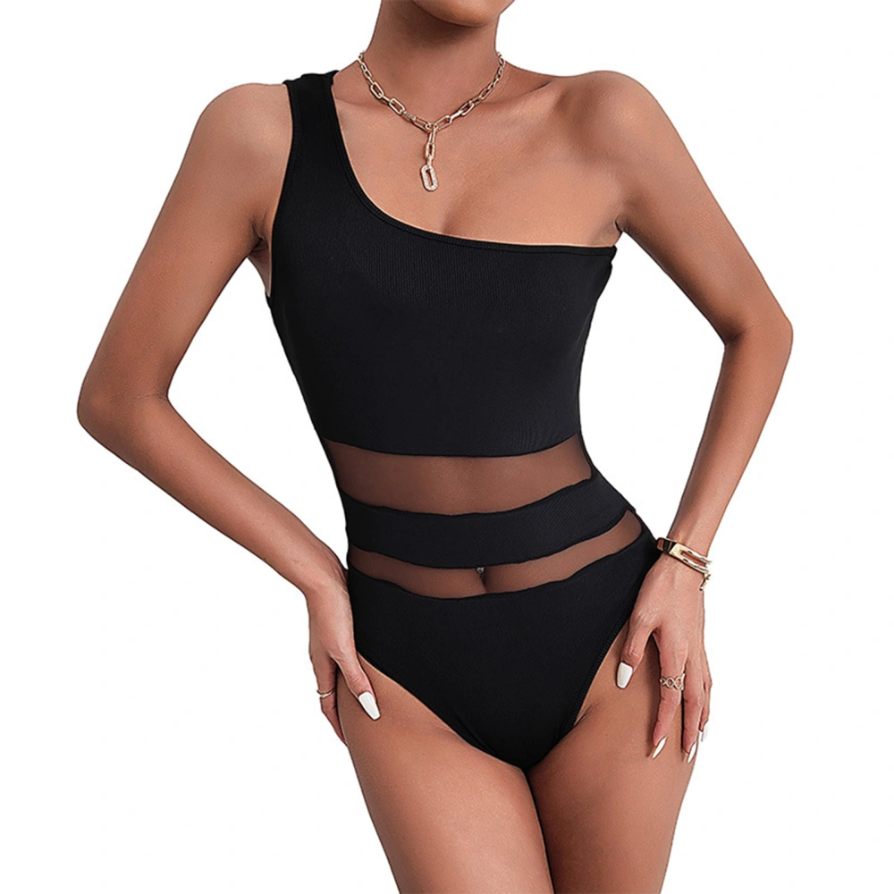 Sleeveless One Shoulder Bodysuit Women Black Elegant Slim Fit Mesh Splicing Bodysuit for Office Work S Black