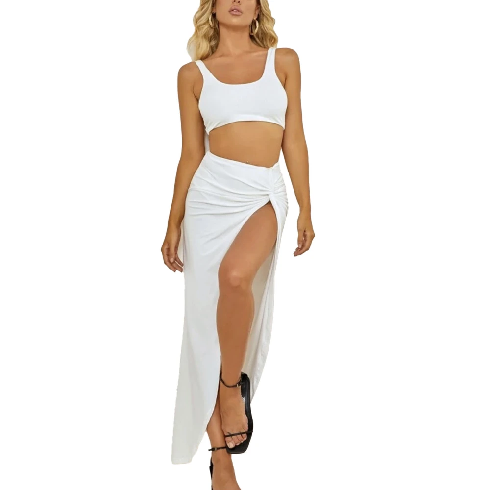 Women 2 Piece Skirt Sets Fashionable Pure Color High Slit Twist Sleeveless Tank Tops Long Skirt Set for Party Date White M