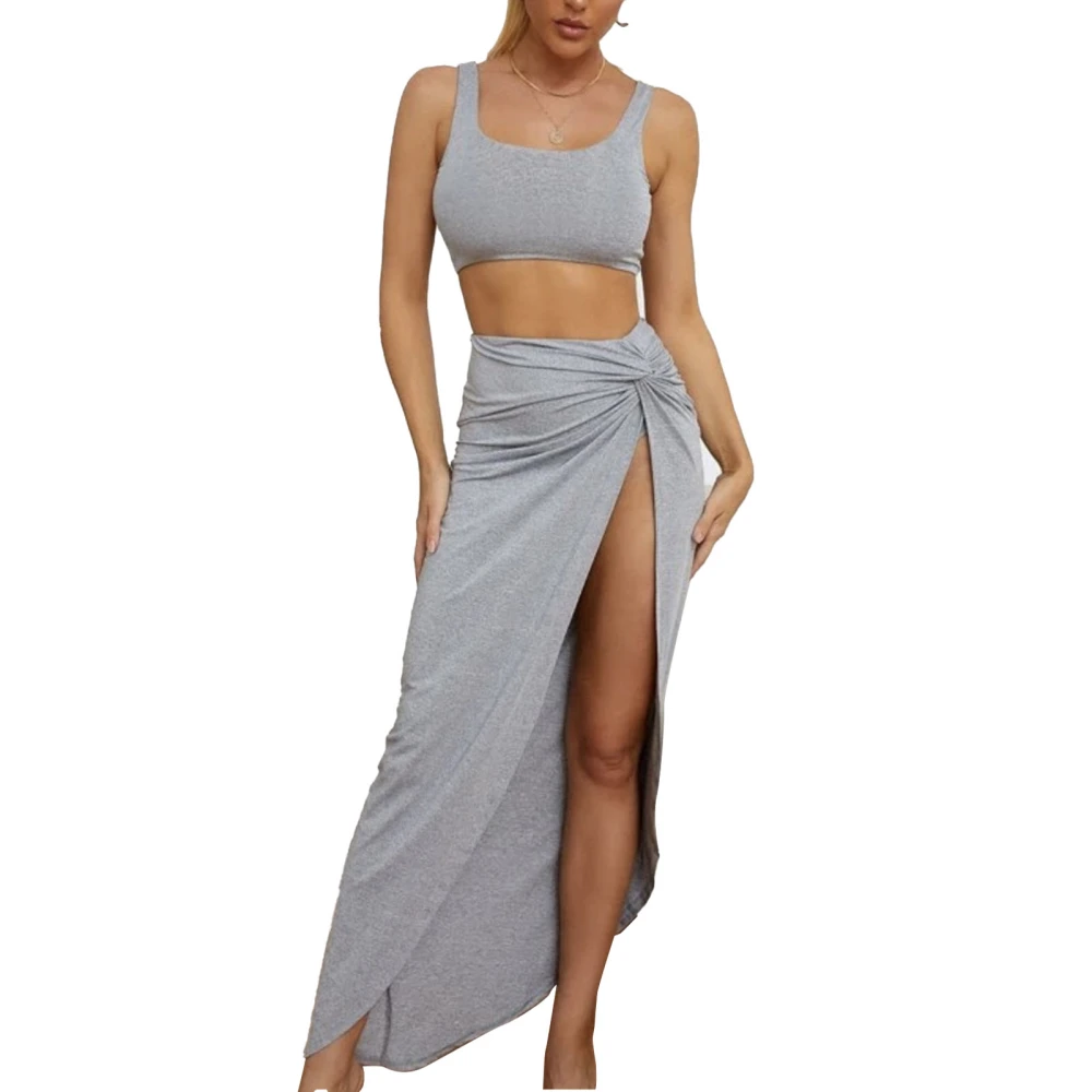 Women 2 Piece Skirt Sets Fashionable Pure Color High Slit Twist Sleeveless Tank Tops Long Skirt Set for Party Date Grey M