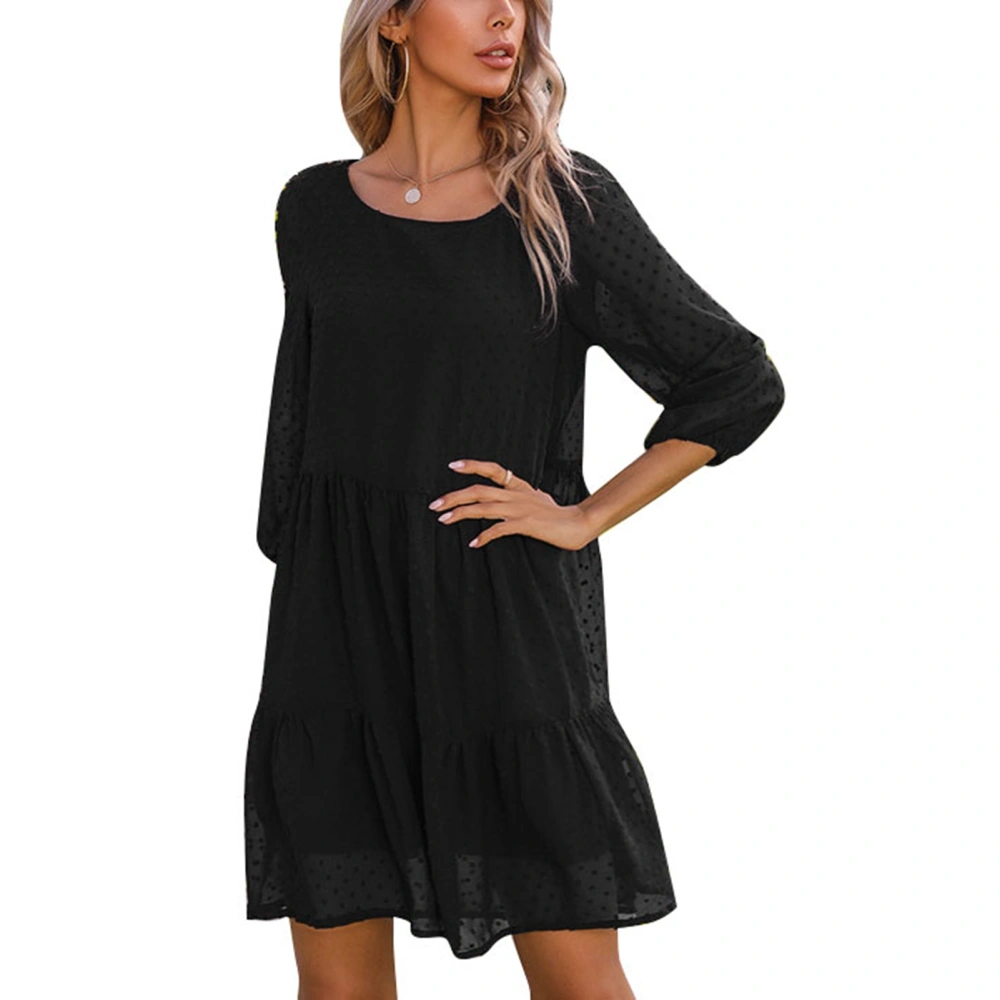 Loose Dress Long Sleeve Round Neck Lace Stitching Stylish Comfortable Polyester Pure Color Casual Women Dress for Daily Black S