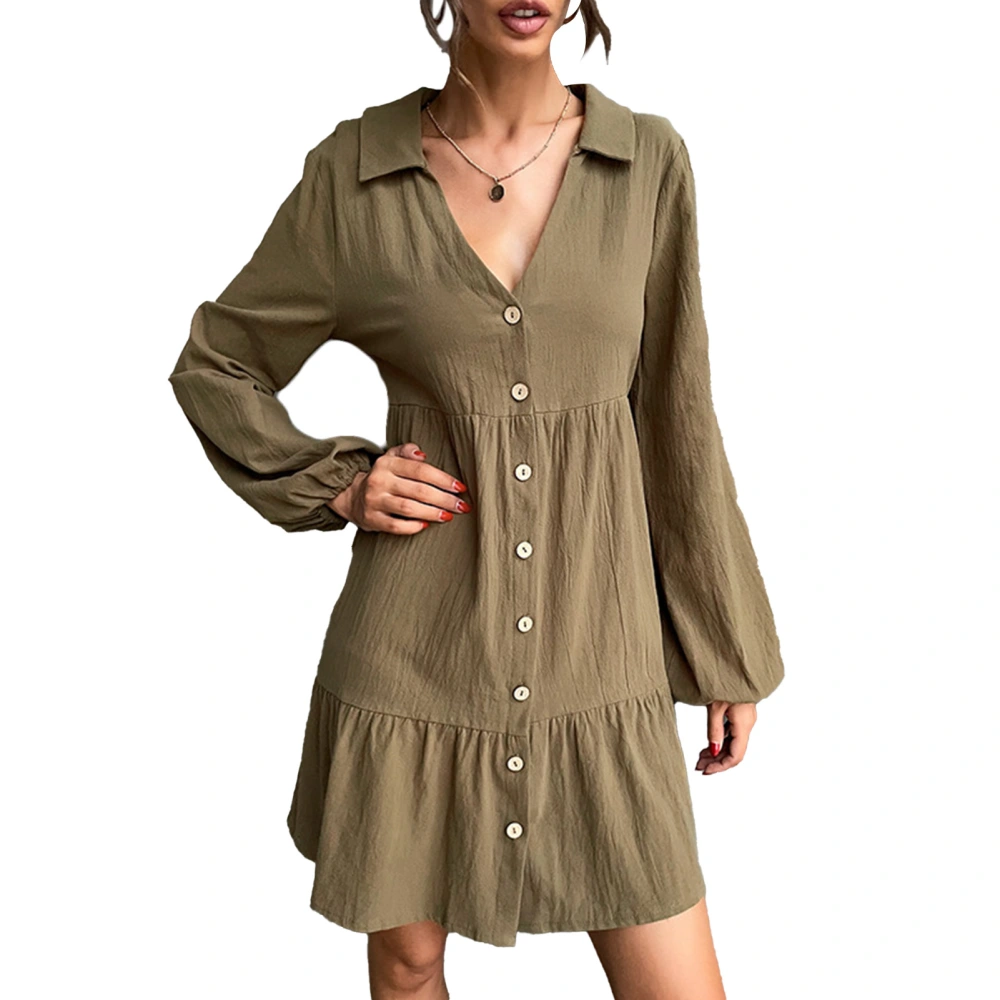 Women Shirt Dress Single Breasted V Neck Turn Down Collar Long Sleeves Pure Color Short Dress OD Green L