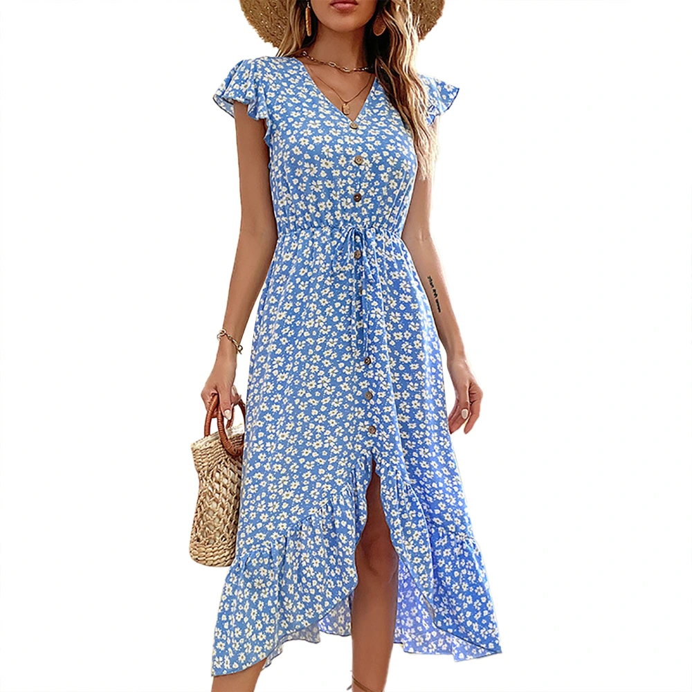 Women Dress Flutter Sleeve Ruffle Hem Button Front V Neck Floral Printed Tie Waist Summer Dress Blue XL