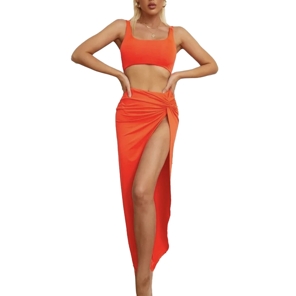 Women 2 Piece Skirt Sets Fashionable Pure Color High Slit Twist Sleeveless Tank Tops Long Skirt Set for Party Date Orange L