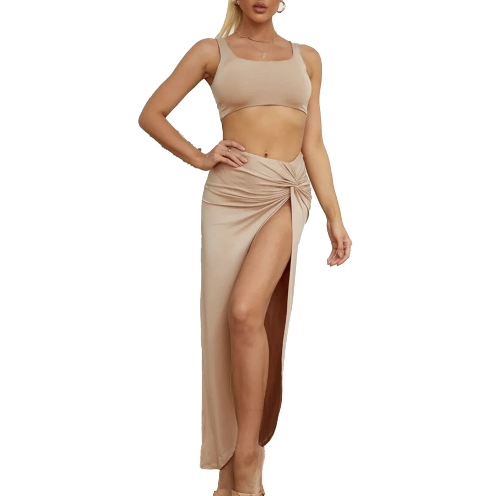 Women 2 Piece Skirt Sets Fashionable Pure Color High Slit Twist Sleeveless Tank Tops Long Skirt Set for Party Date Khaki L