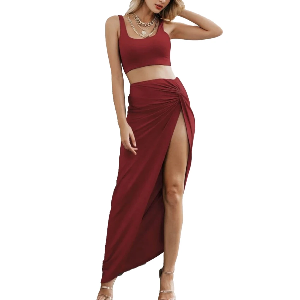 Women 2 Piece Skirt Sets Fashionable Pure Color High Slit Twist Sleeveless Tank Tops Long Skirt Set for Party Date Wine Red M