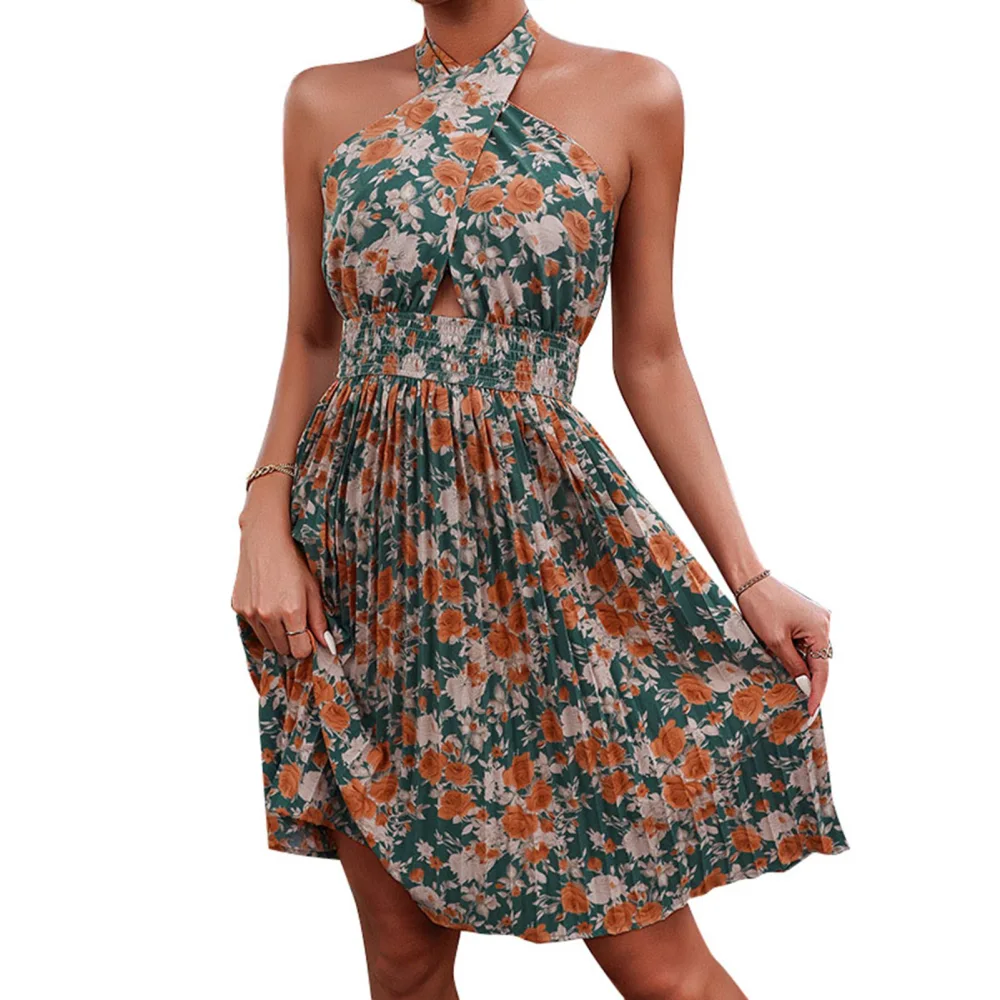 Halter Neck Dress Fashionable Pleated Hollow Strap Design Sleeveless Halter Short Floral Dress Green L