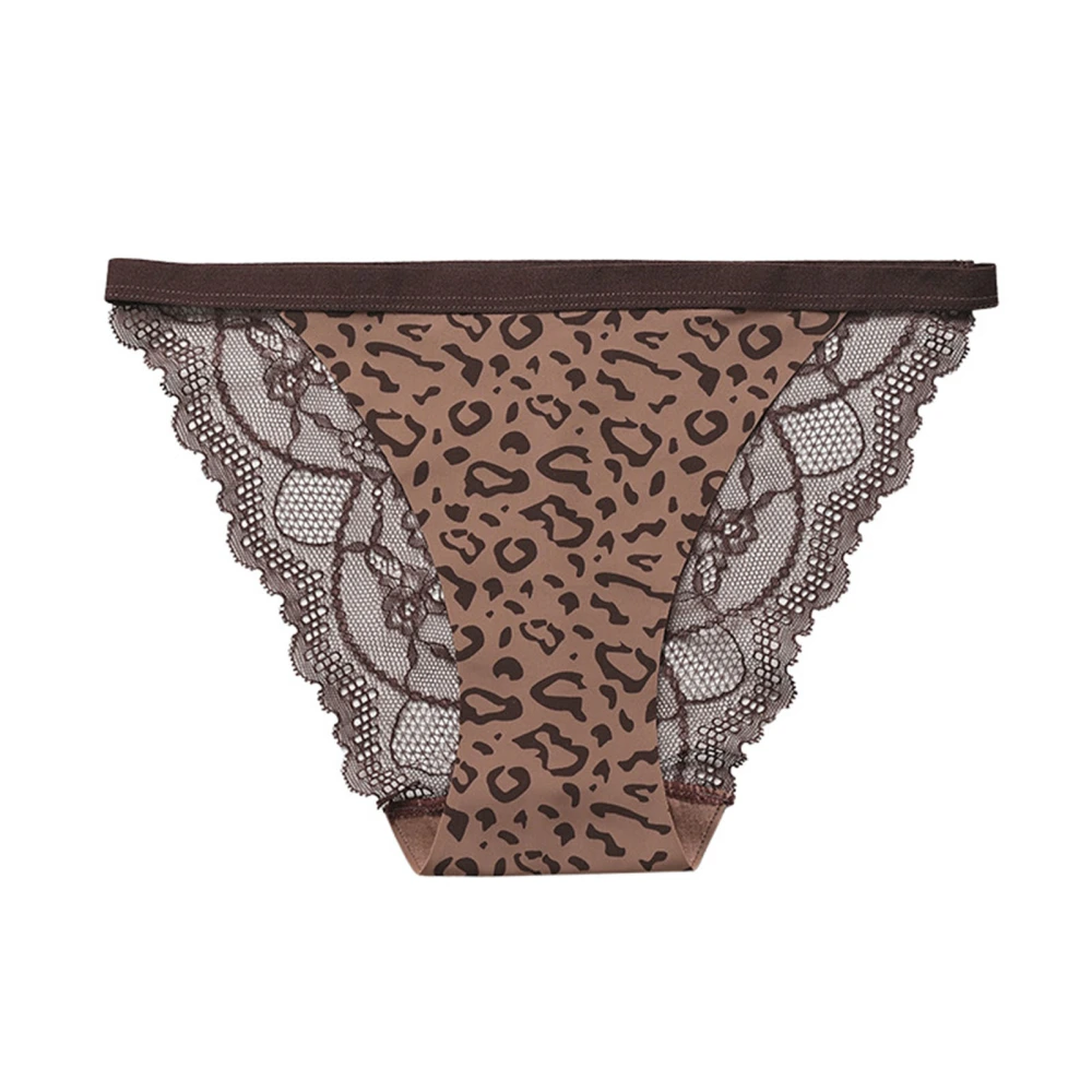 Lace Trim Panty Stitching Colorful Middle Waist Printed Lace Trim Brief Panty for Women Light Brown L