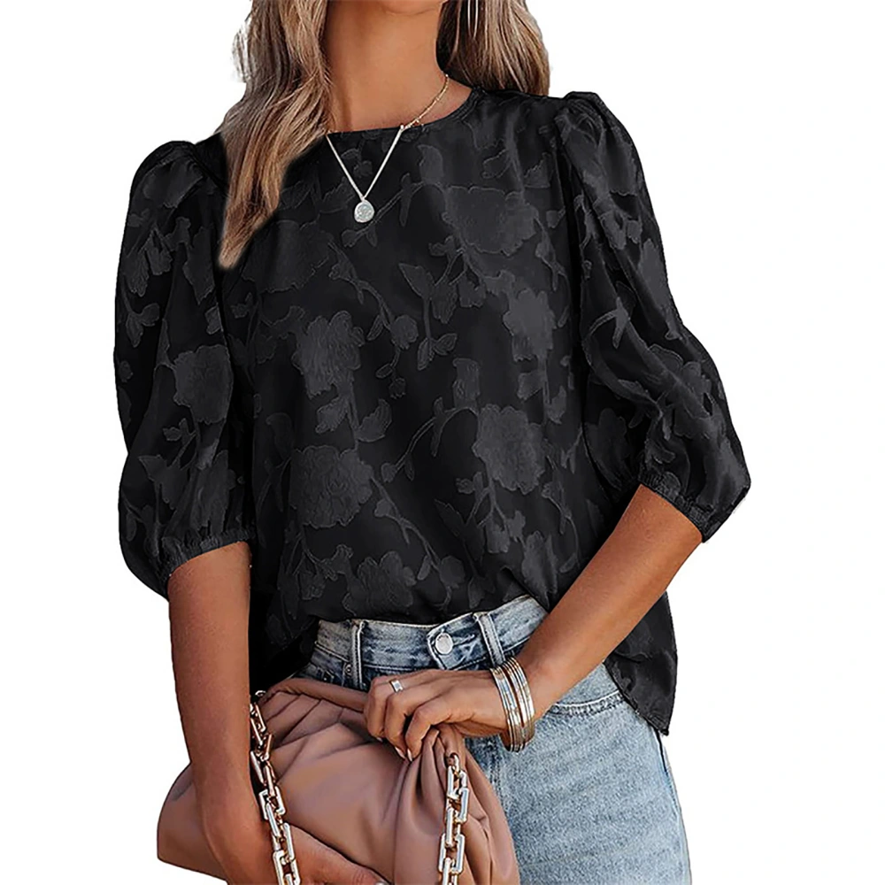 Women Puff Sleeves Chiffon Top Round Neck Jacquard Fabric Loose Casual Blouses Tops for Home Shopping Date Work Black XL