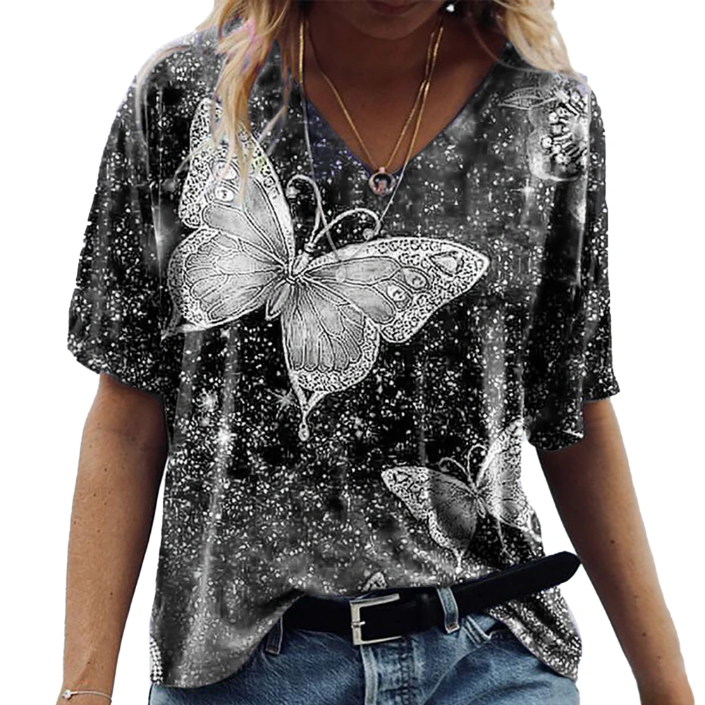 Women T Shirt Fashionable Loose Breathable Ladies Female Butterflies Half Sleeve Shirt Top Gray XXL