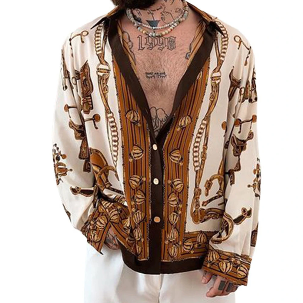 Men Floral Printing Shirts Turn Down Collar Long Sleeves Button Closure Casual Blouse for Daily Wear Picture Color L