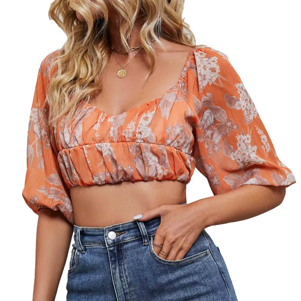 Women Puff Half Sleeve Top Fashion Flower Print Comfortable Women V Neck Short Top for Party Dating Daily Tangerine M