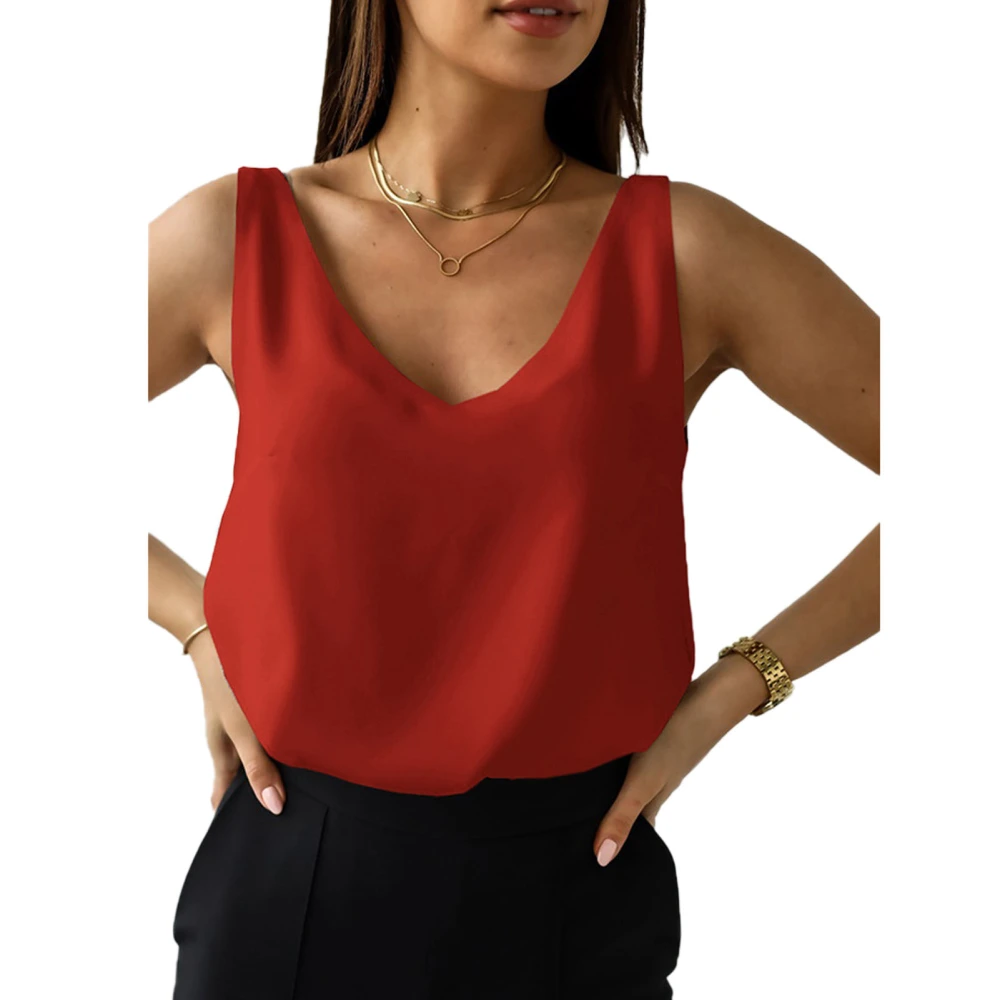 Women Tank Top V Neck Back Pure Color Loose Fitting Summer Sleeveless Vest for Daily Wear Red XL