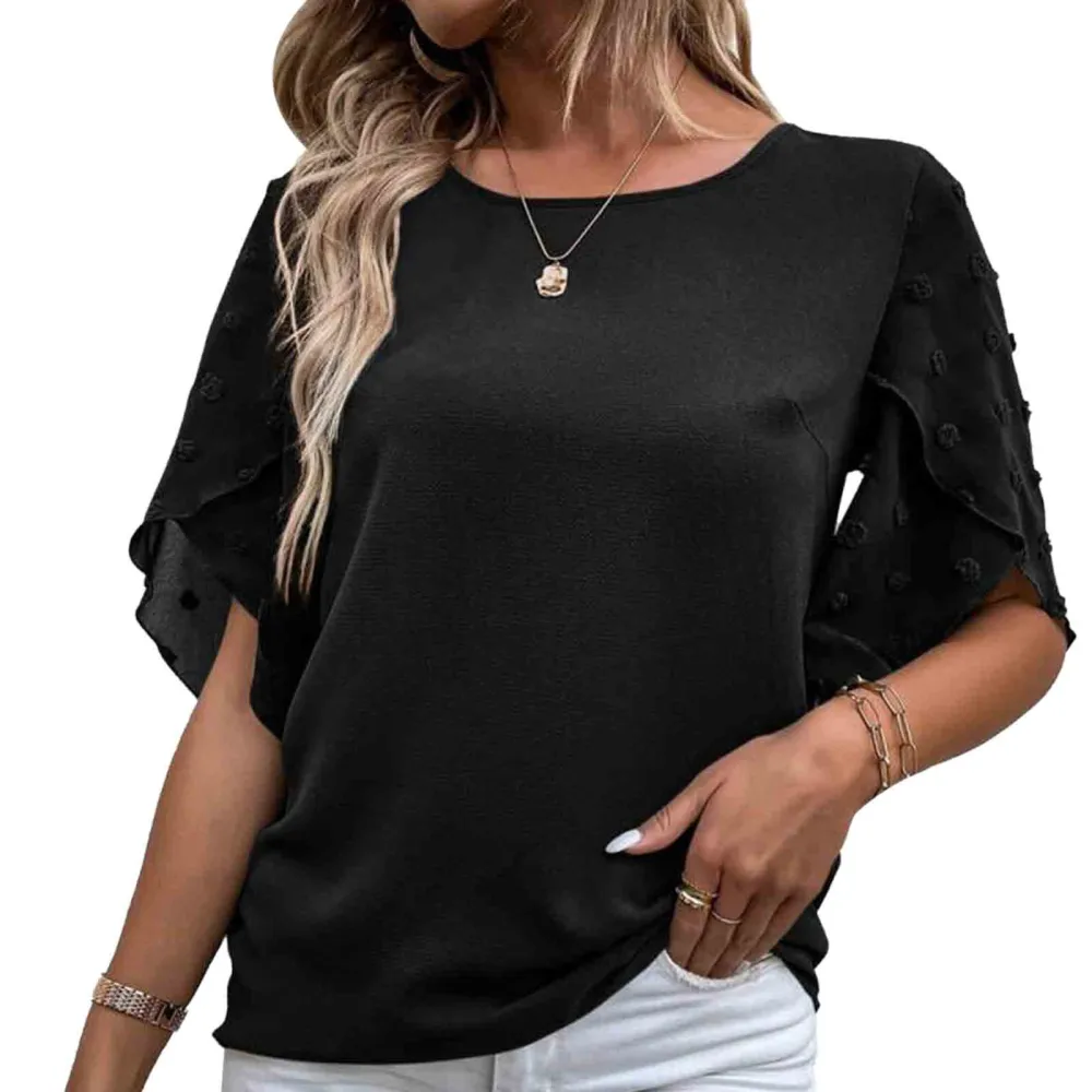 Swiss Dot Sleeve Blouse Pure Color Short Sleeve Stitching Round Neck Women Jacquard Blouse Black M