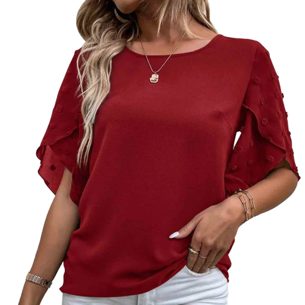 Swiss Dot Sleeve Blouse Pure Color Short Sleeve Stitching Round Neck Women Jacquard Blouse Burgundy M