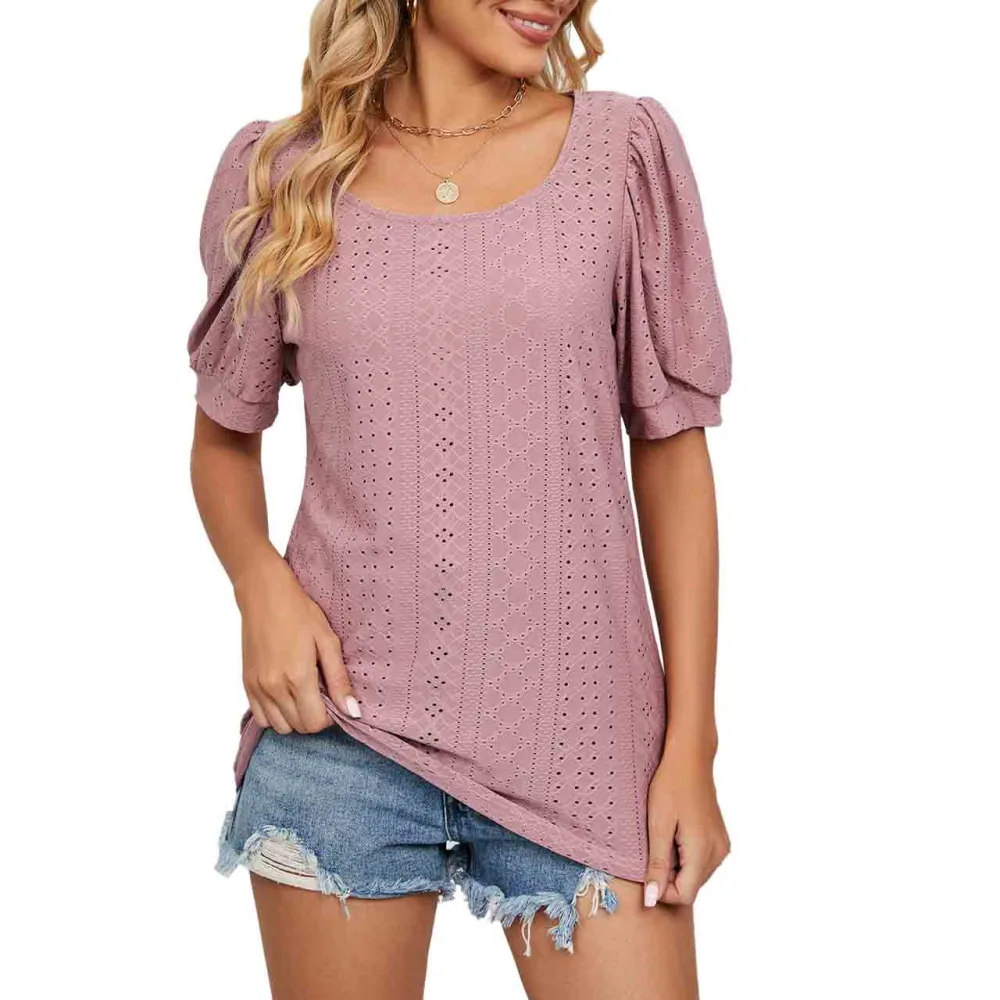 Women Crew Neck Top Short Puff Sleeve Hollow Out Pure Color Breathable Casual Pullover Shirt Pink L