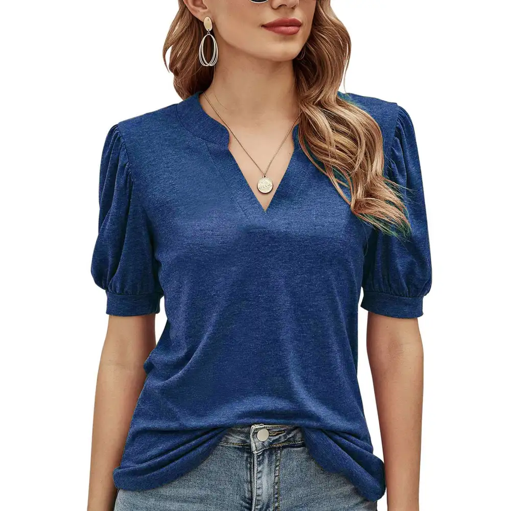 Puff Sleeve Blouse V Neck Fashionable Pure Color Stylish Women Casual Fit Top for Dating Blue L