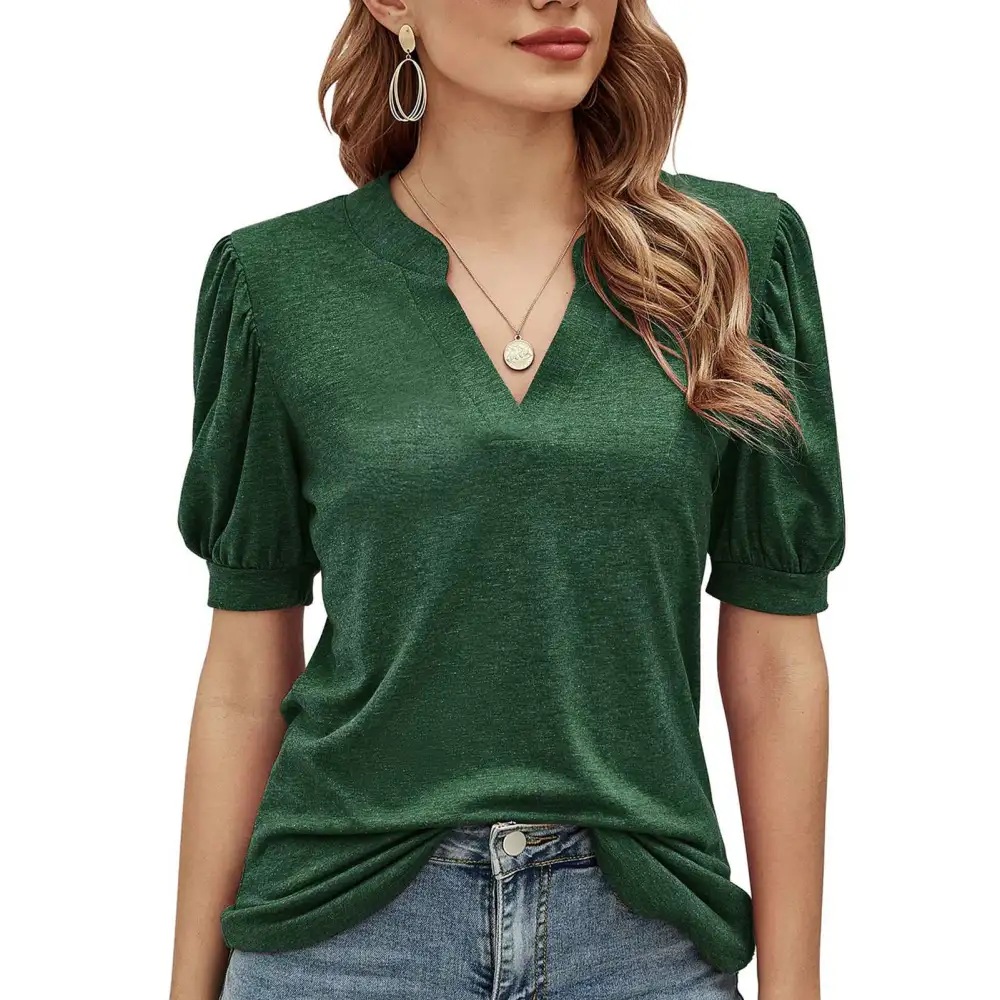 Puff Sleeve Blouse V Neck Fashionable Pure Color Stylish Women Casual Fit Top for Dating OD Green S