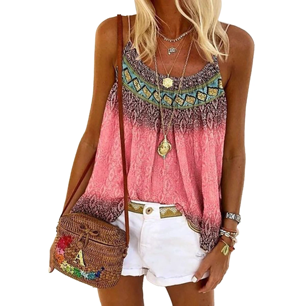 Crewneck Spaghetti Strap Tank Top Women Summer Loose Casual Print Sleeveless Top Shirt for Office Work Pink L