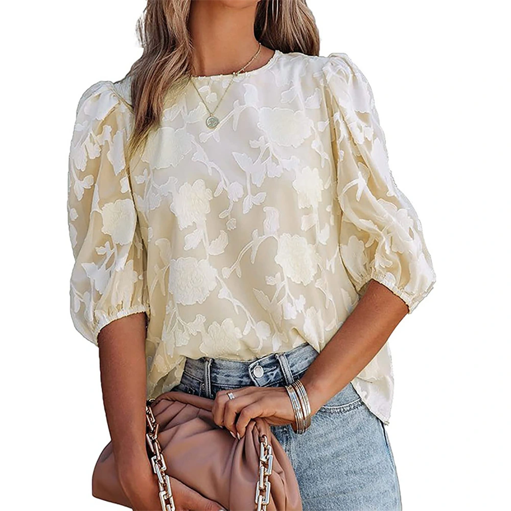 Women Puff Sleeves Chiffon Top Round Neck Jacquard Fabric Loose Casual Blouses Tops for Home Shopping Date Work Light Apricot Color XXL