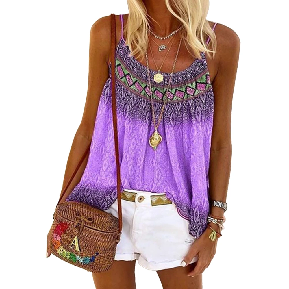 Crewneck Spaghetti Strap Tank Top Women Summer Loose Casual Print Sleeveless Top Shirt for Office Work Purple XL