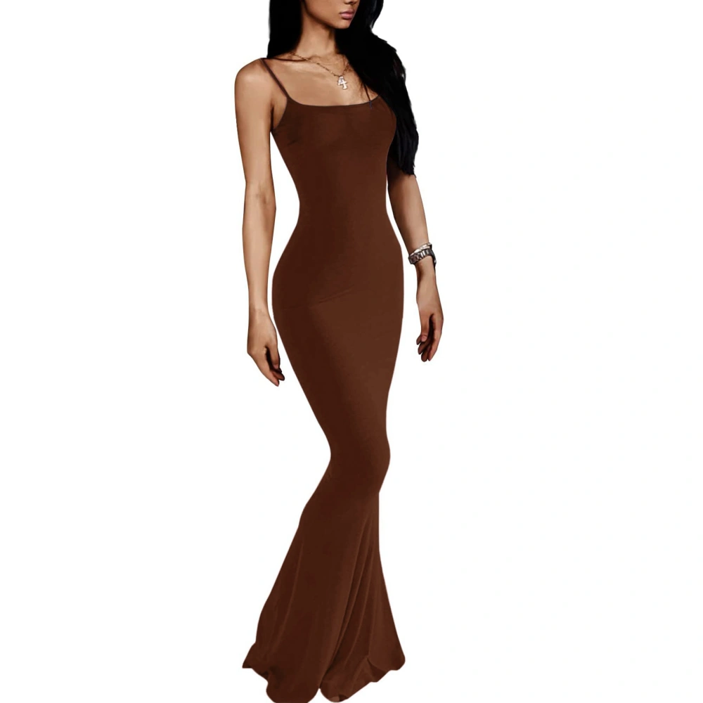 Women Lounge Spaghetti Strap Maxi Dress Elegant Pure Color Sleeveless Bodycon Dress for Beach Party Brown XXS