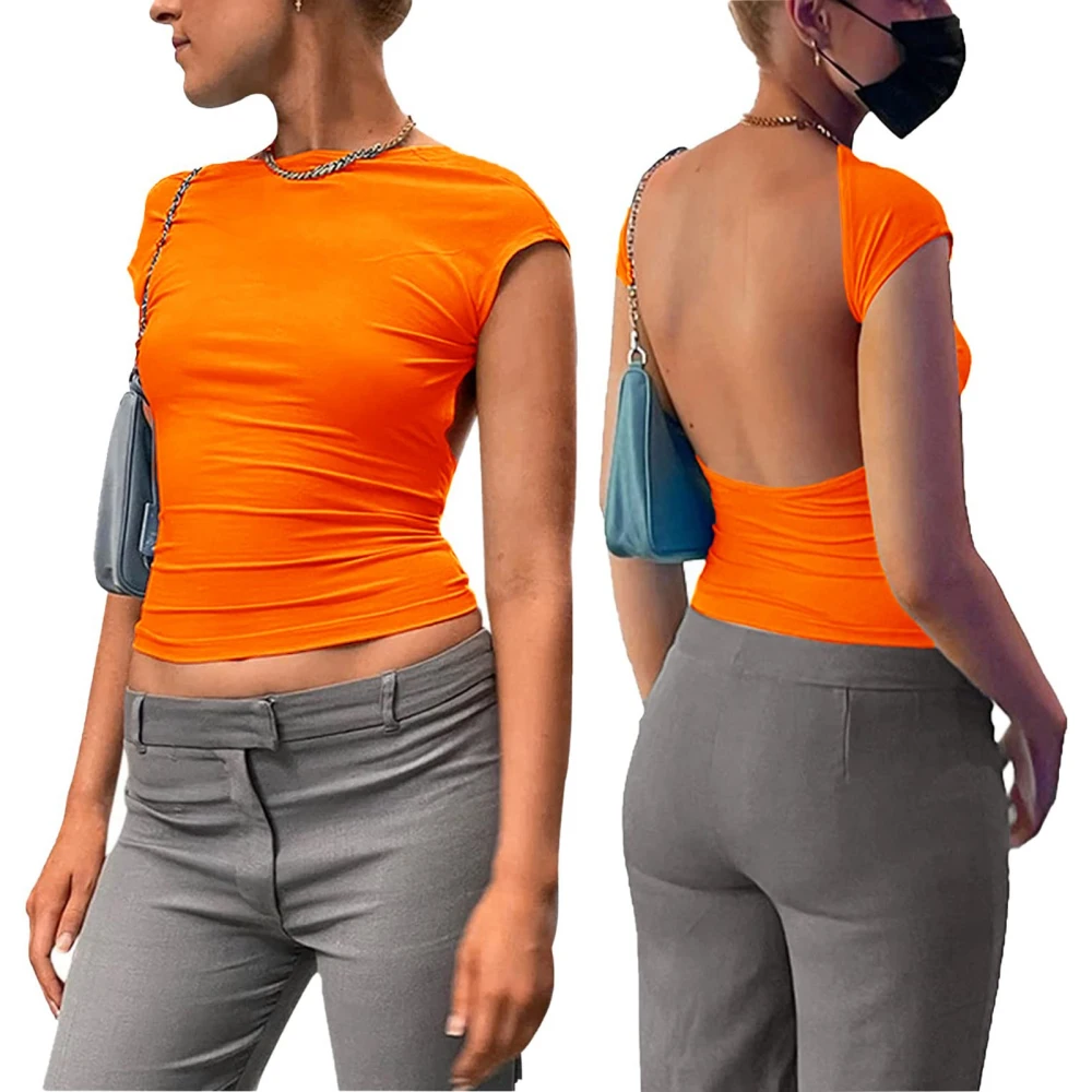 Women Backless Short Sleeve Tee Shirt Vintage Cut Out Crew Neck Pure Color Open Back Top for Summer Orange XS