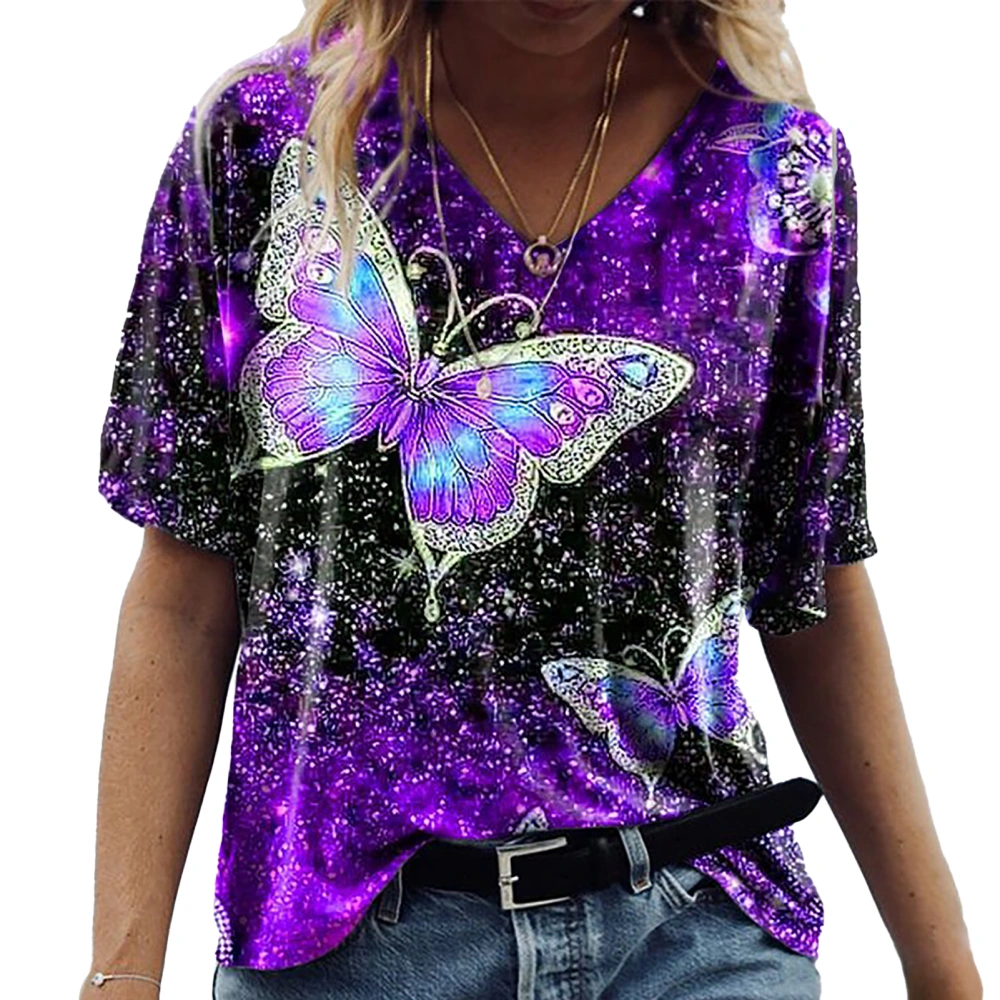 Women T Shirt Fashionable Loose Breathable Ladies Female Butterflies Half Sleeve Shirt Top Purple M