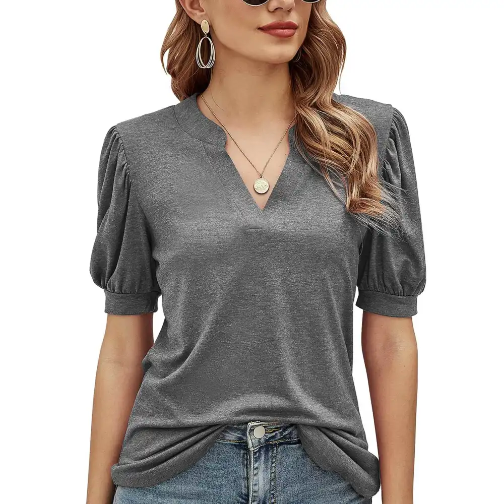 Puff Sleeve Blouse V Neck Fashionable Pure Color Stylish Women Casual Fit Top for Dating Flower Grey XL