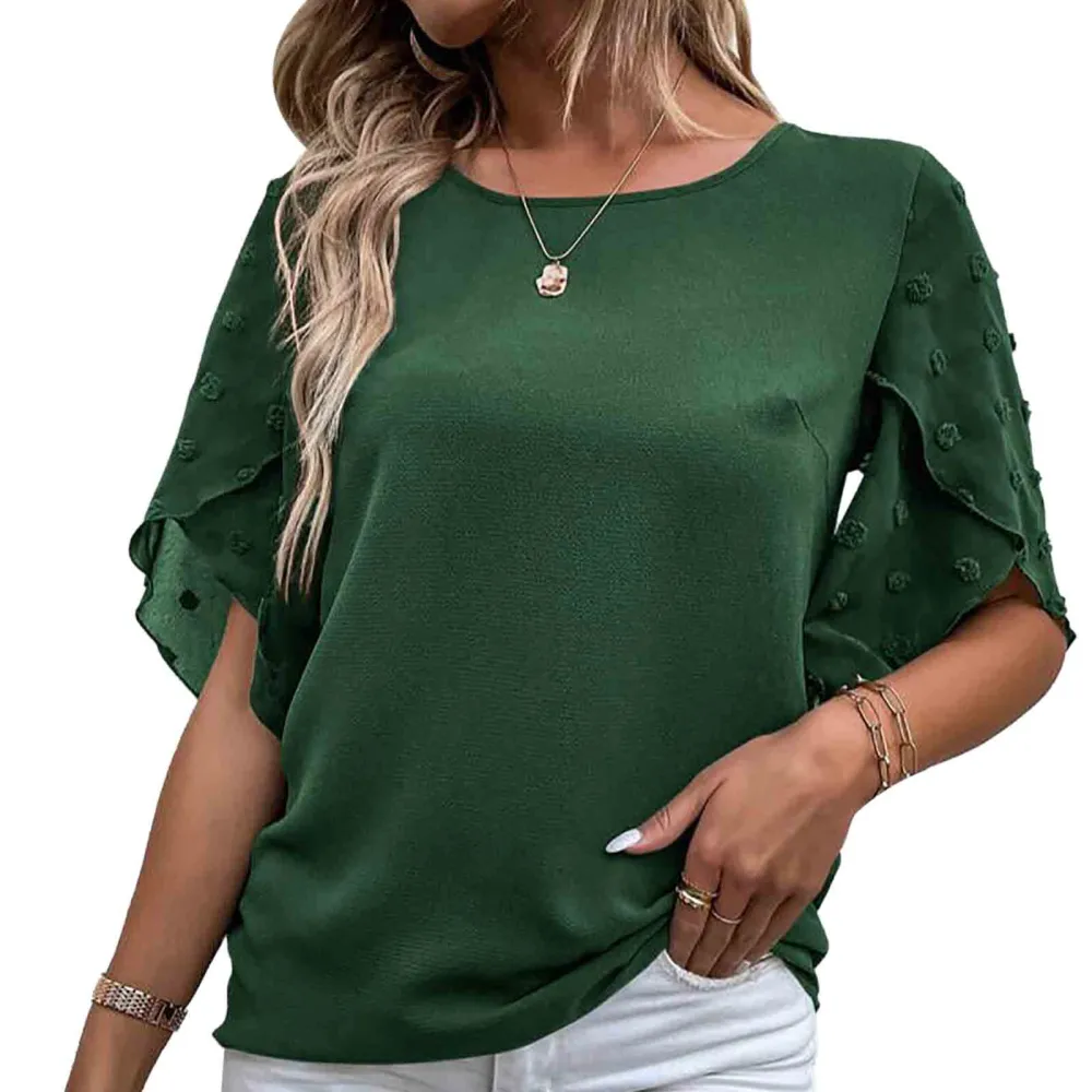 Swiss Dot Sleeve Blouse Pure Color Short Sleeve Stitching Round Neck Women Jacquard Blouse Green S