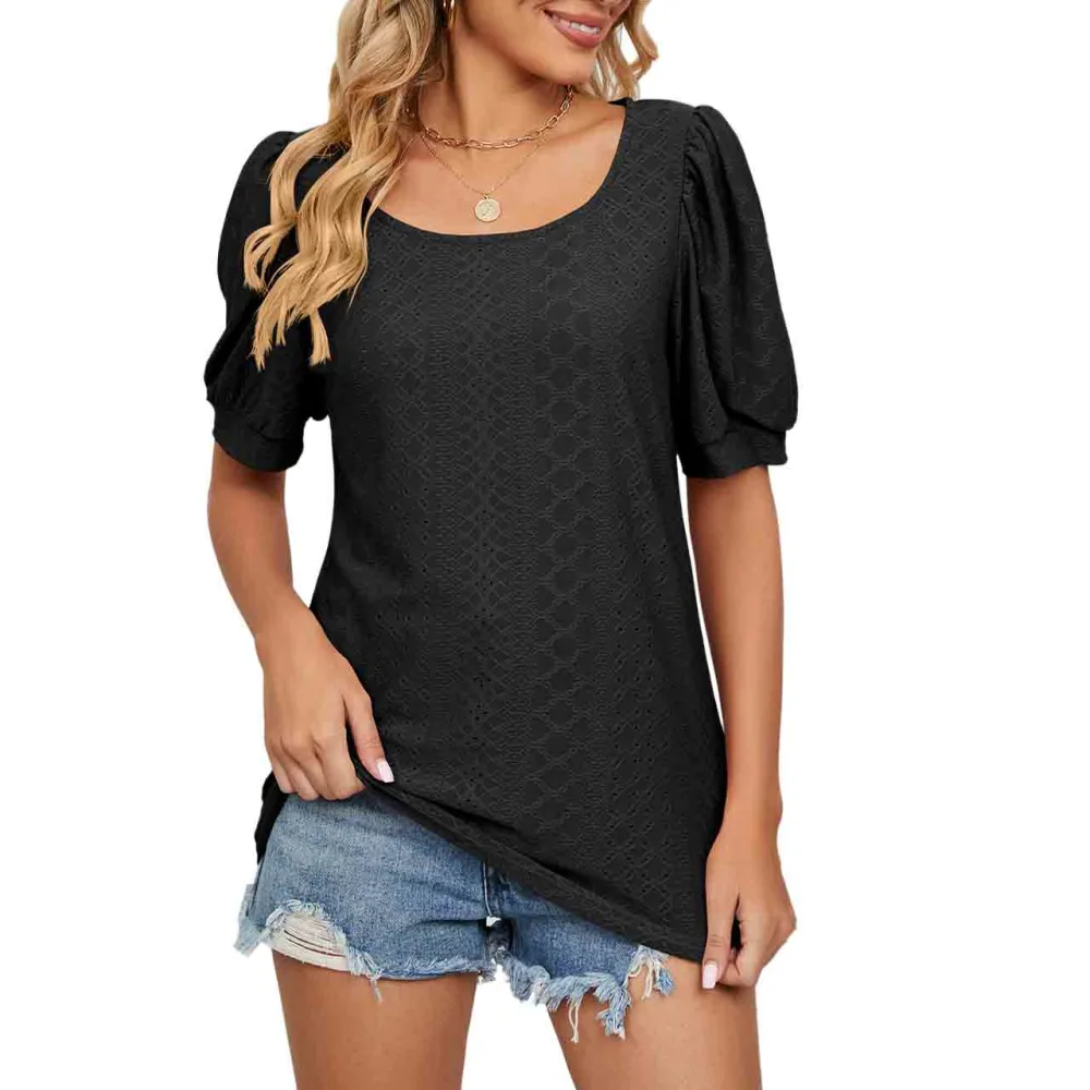 Women Crew Neck Top Short Puff Sleeve Hollow Out Pure Color Breathable Casual Pullover Shirt Black L