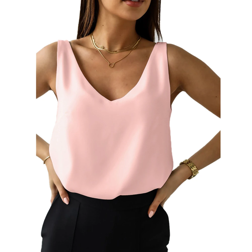 Women Tank Top V Neck Back Pure Color Loose Fitting Summer Sleeveless Vest for Daily Wear Pink XL