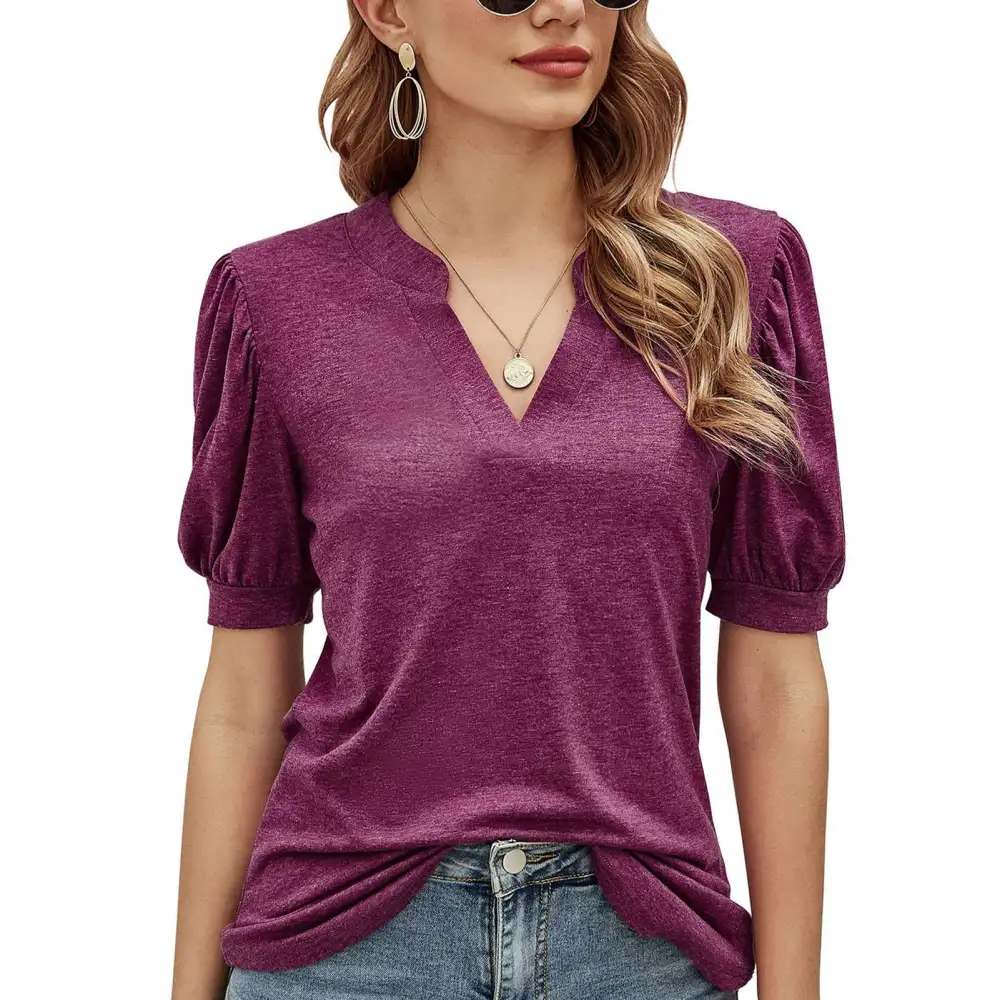 Puff Sleeve Blouse V Neck Fashionable Pure Color Stylish Women Casual Fit Top for Dating Purple XXL