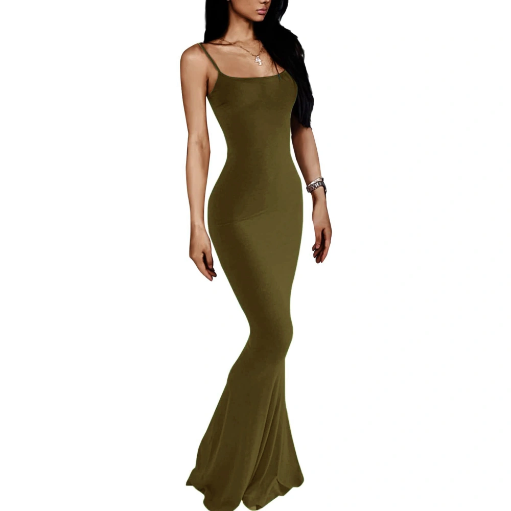 Women Lounge Spaghetti Strap Maxi Dress Elegant Pure Color Sleeveless Bodycon Dress for Beach Party OD Green XS